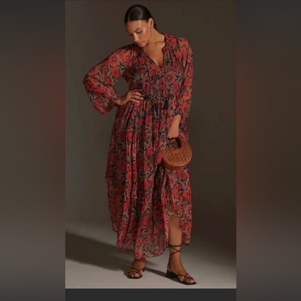 Anthropologie Red Floral Maxi Dress